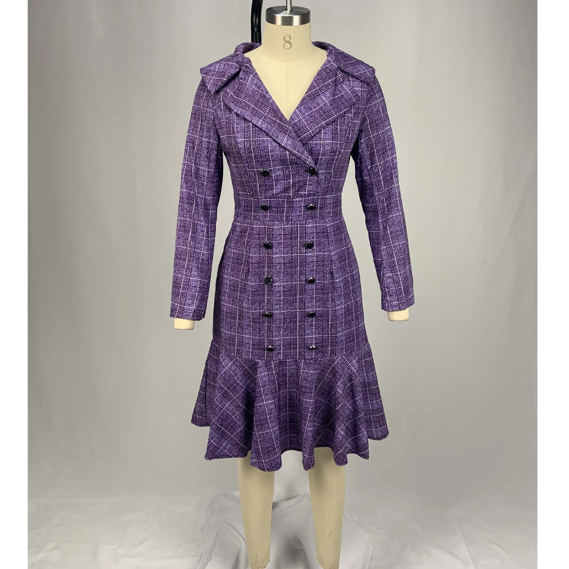 Fashion double-breasted plaid commuter dress women