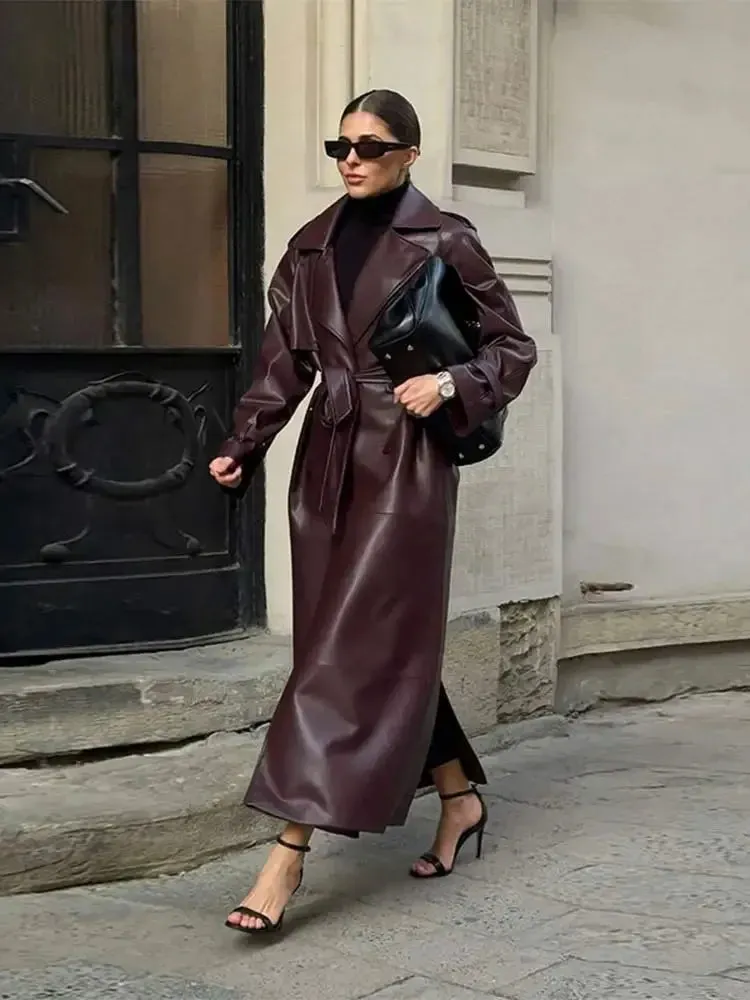 Fashionkova Christmas Gift Outfit  Retro Burgundy Full Sleeve Belt Lady Long Leather Coat Fashion Solid Color Loose Woman Overcoat 2024 New Fall High Street Wear