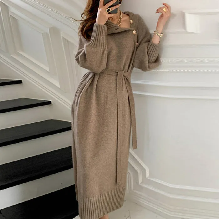 Fashionkova dti outfits Japanese and Korean Style Autumn and Winter New French Temperament with Overcoat Inner Sweater Long over-the-Knee Bottoming Knitted Dress Women