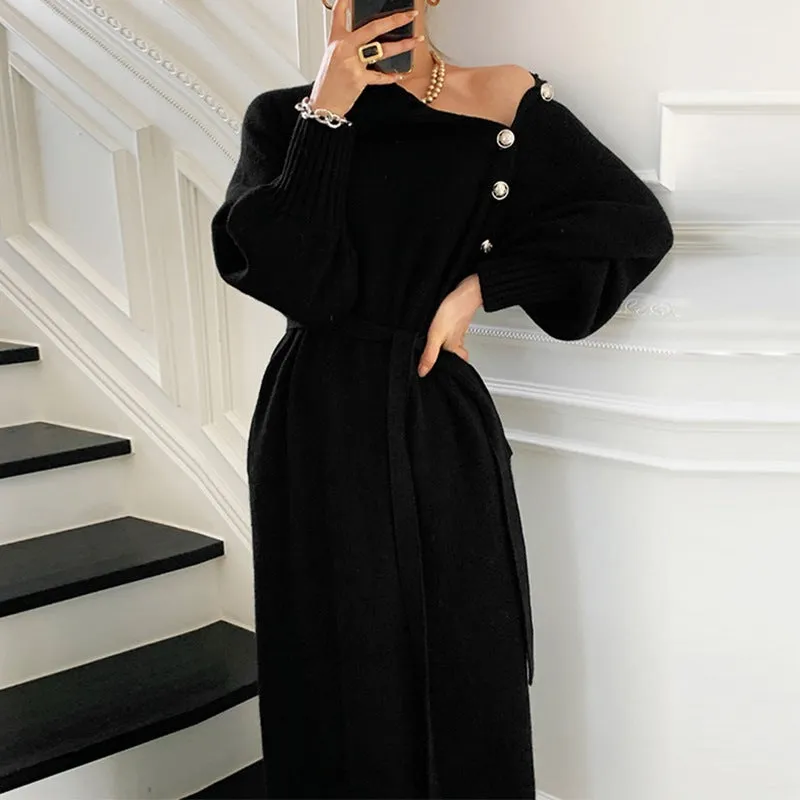 Fashionkova dti outfits Japanese and Korean Style Autumn and Winter New French Temperament with Overcoat Inner Sweater Long over-the-Knee Bottoming Knitted Dress Women