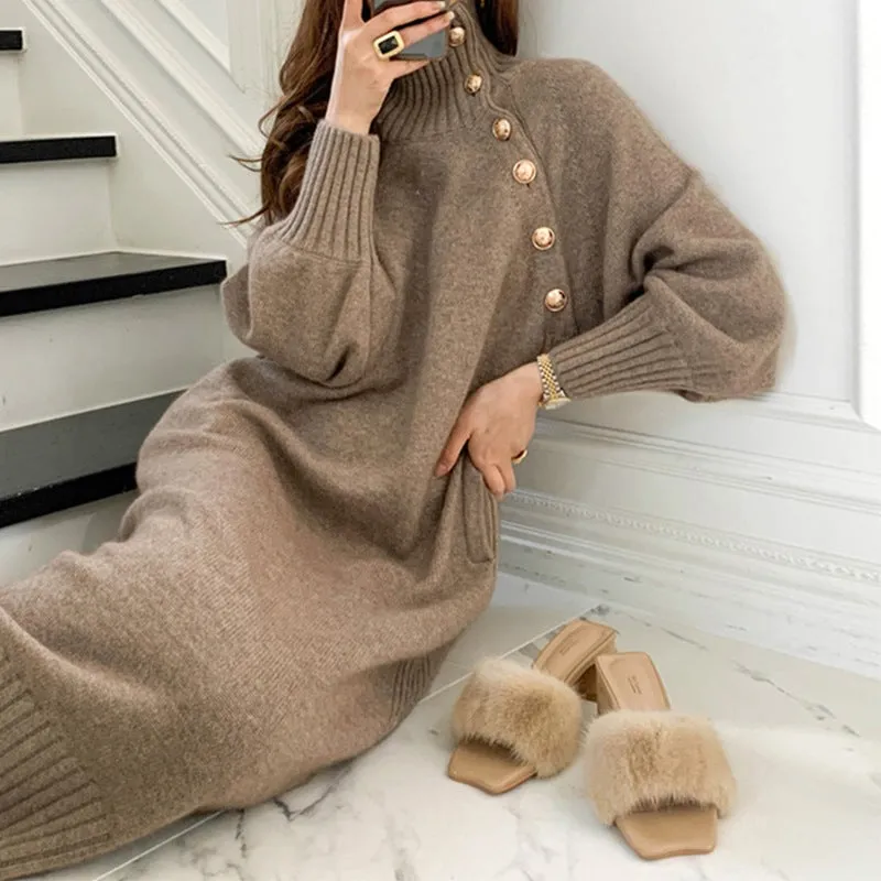 Fashionkova dti outfits Japanese and Korean Style Autumn and Winter New French Temperament with Overcoat Inner Sweater Long over-the-Knee Bottoming Knitted Dress Women