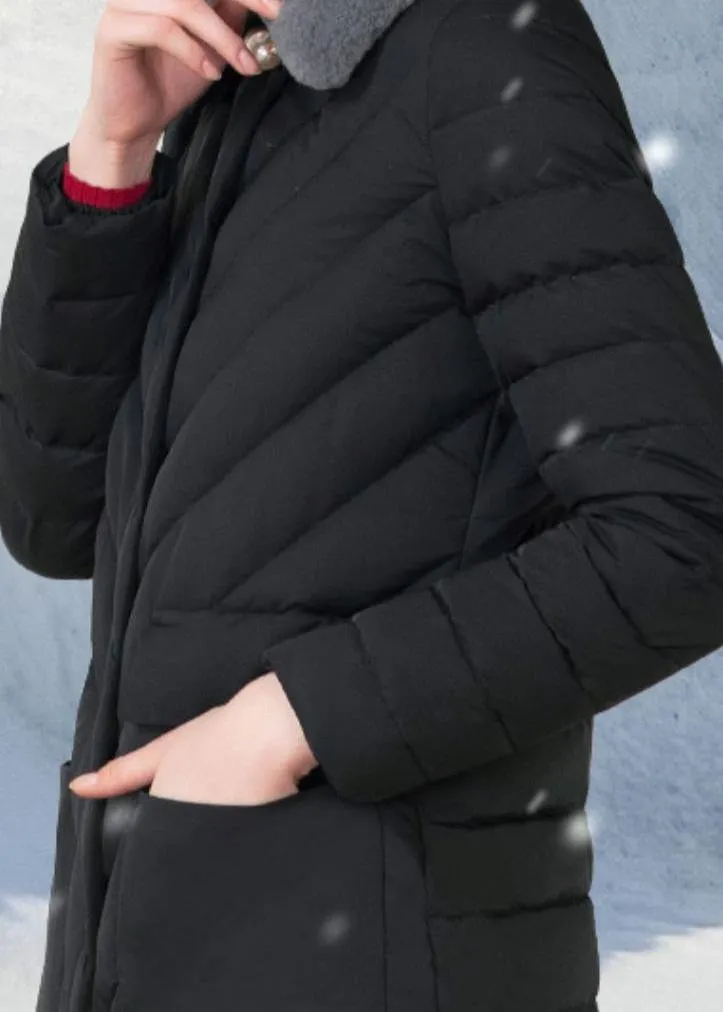 Fine Loose fitting snow jackets rabbit wool collar overcoat black big pockets down jacket woman