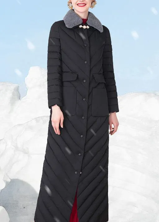 Fine Loose fitting snow jackets rabbit wool collar overcoat black big pockets down jacket woman