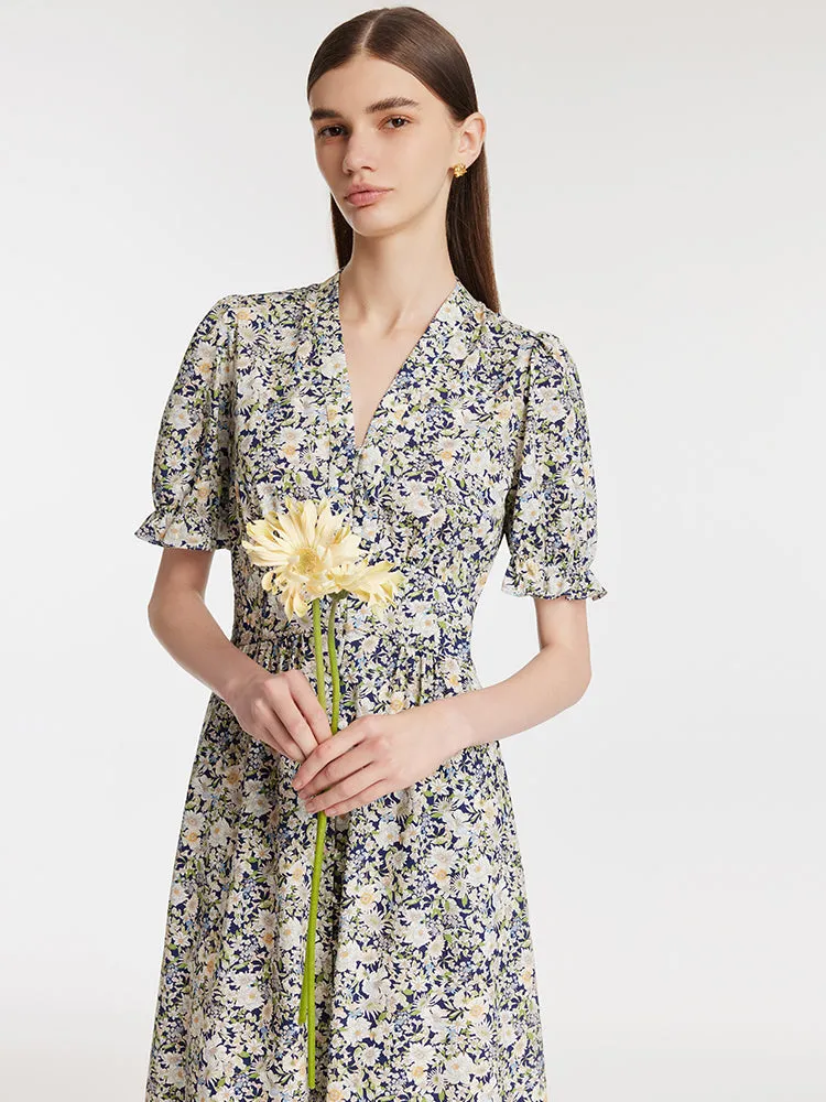 Floral Printed V-Neck Puff Sleeves Women Midi Dress