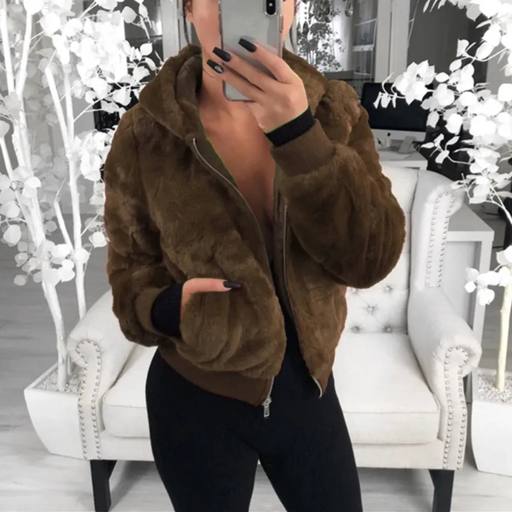 Flytonn-2023 Faux Fur Coat Women With Hood New Oversize Coats High Waist Female Slim Fit Overcoat Tops Winter Warm Plush Jackets Outwear