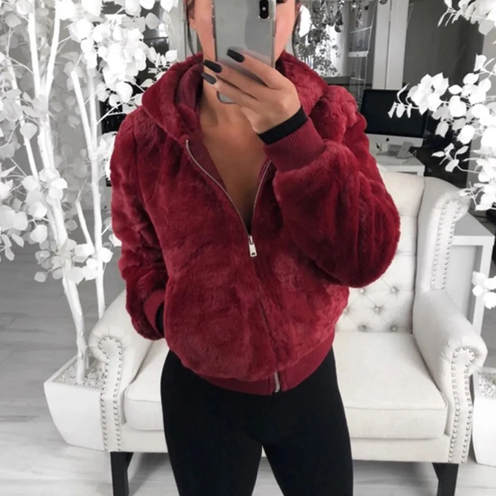 Flytonn-2023 Faux Fur Coat Women With Hood New Oversize Coats High Waist Female Slim Fit Overcoat Tops Winter Warm Plush Jackets Outwear