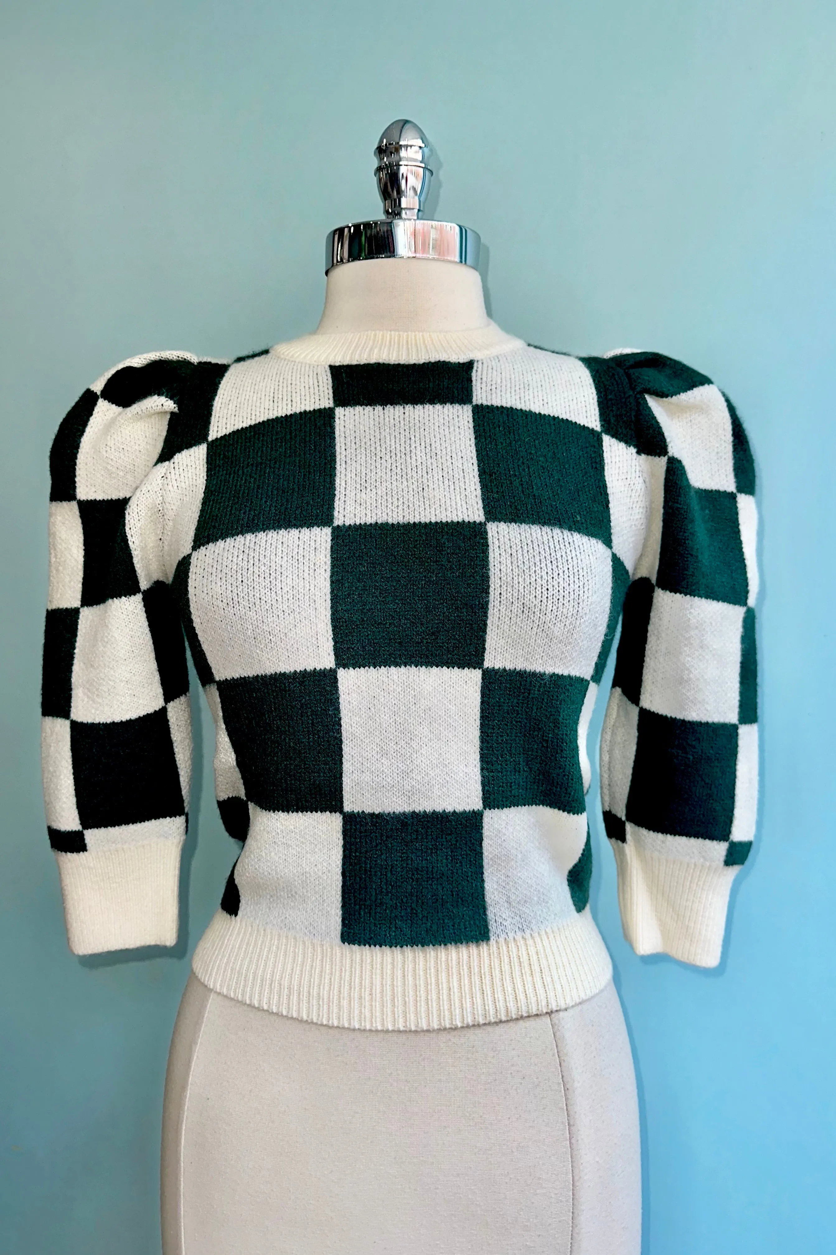 Green and Cream Checker Puff Sleeve Sweater