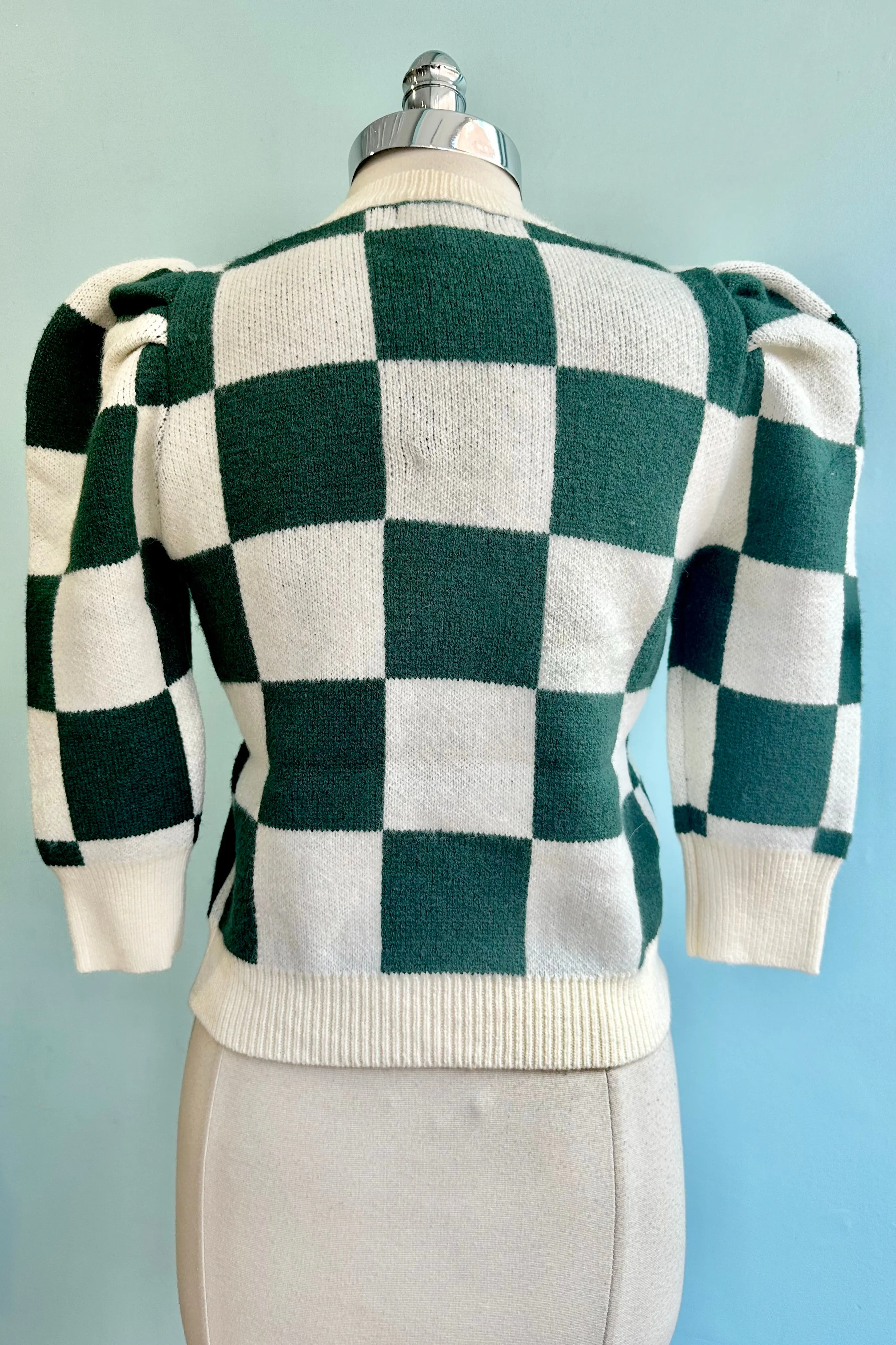 Green and Cream Checker Puff Sleeve Sweater