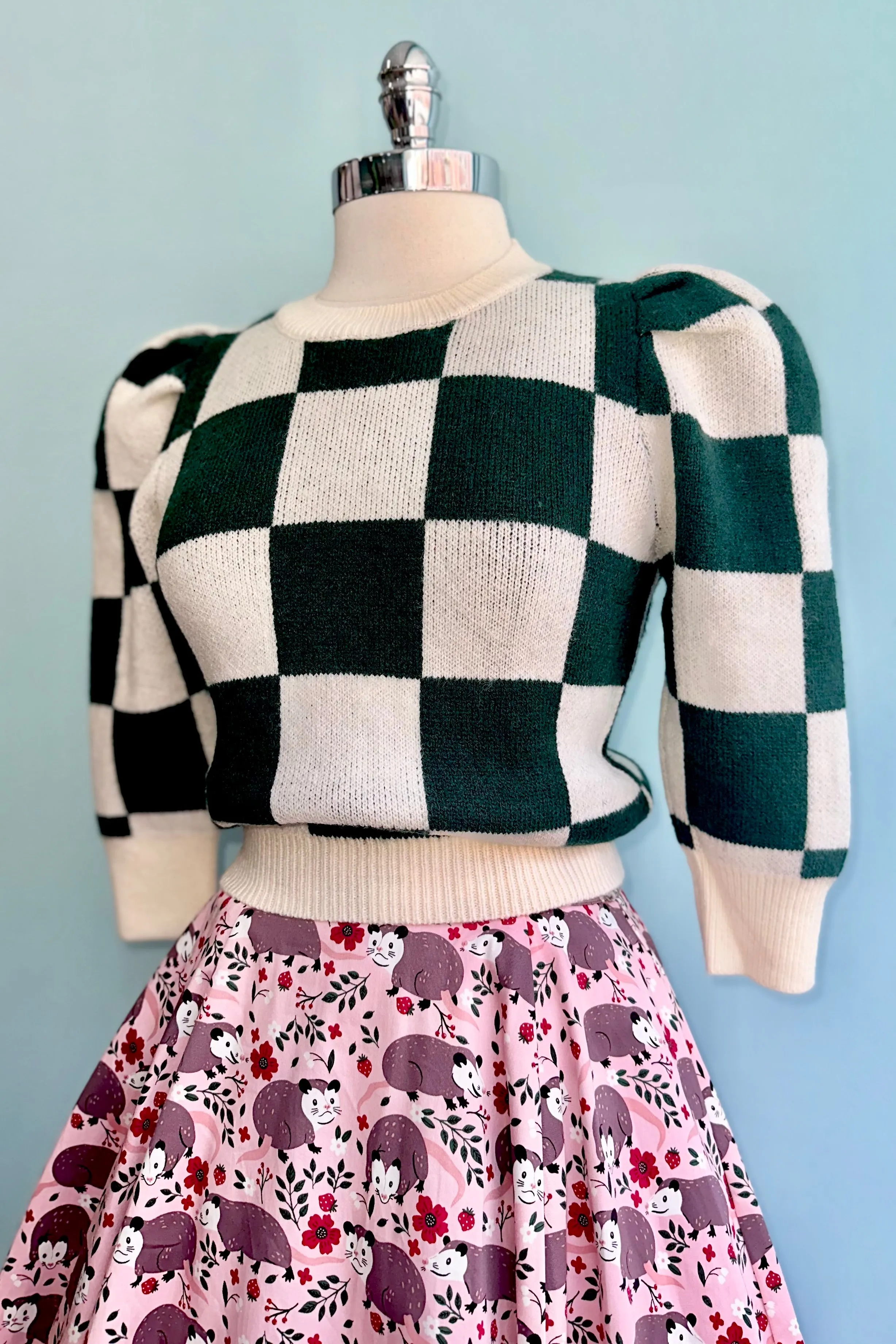 Green and Cream Checker Puff Sleeve Sweater