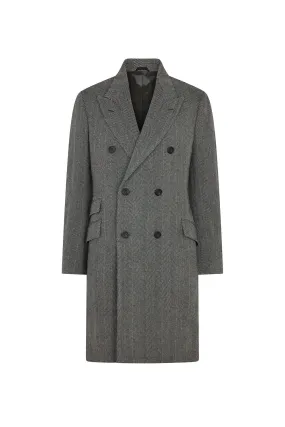 Grey Wool Herringbone Double Breasted Overcoat