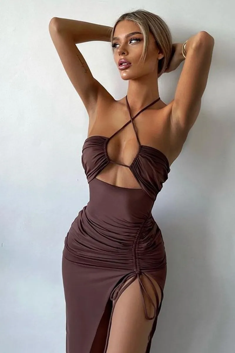 Halter Cutout Drawstring Slit Maxi Bodycon Dress