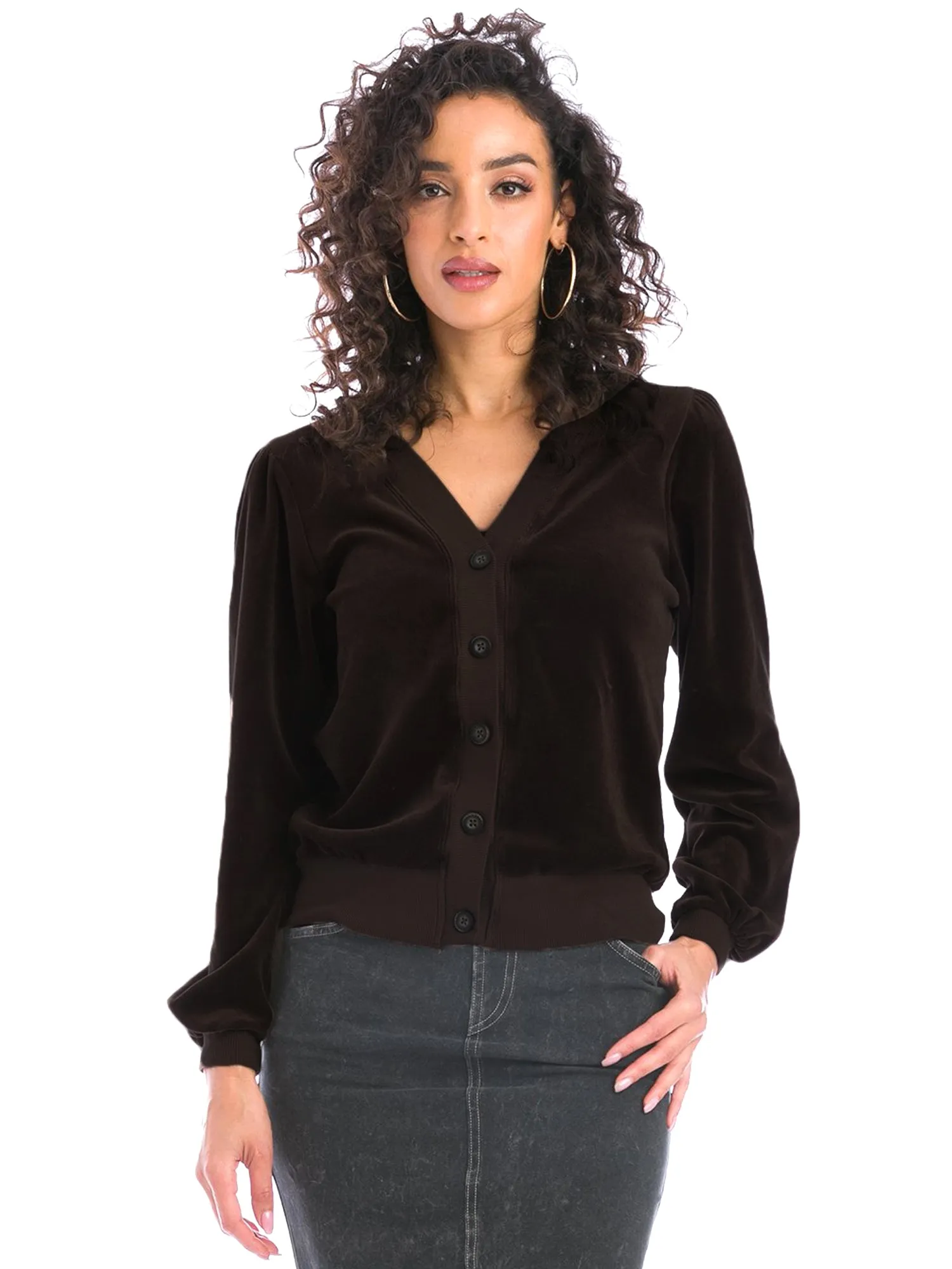 Hard Tail Velour Puff Sleeve Cardigan (V-202)