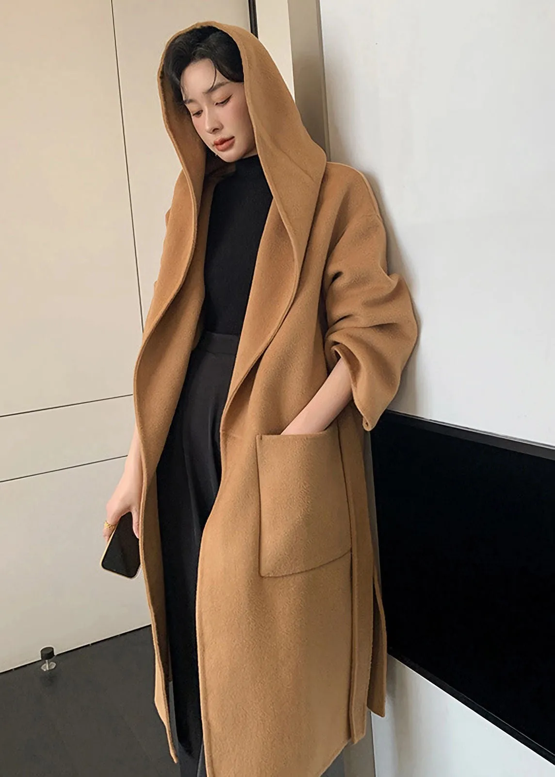 Hooded Double Face Pure Wool Belted Wrap Long Coat