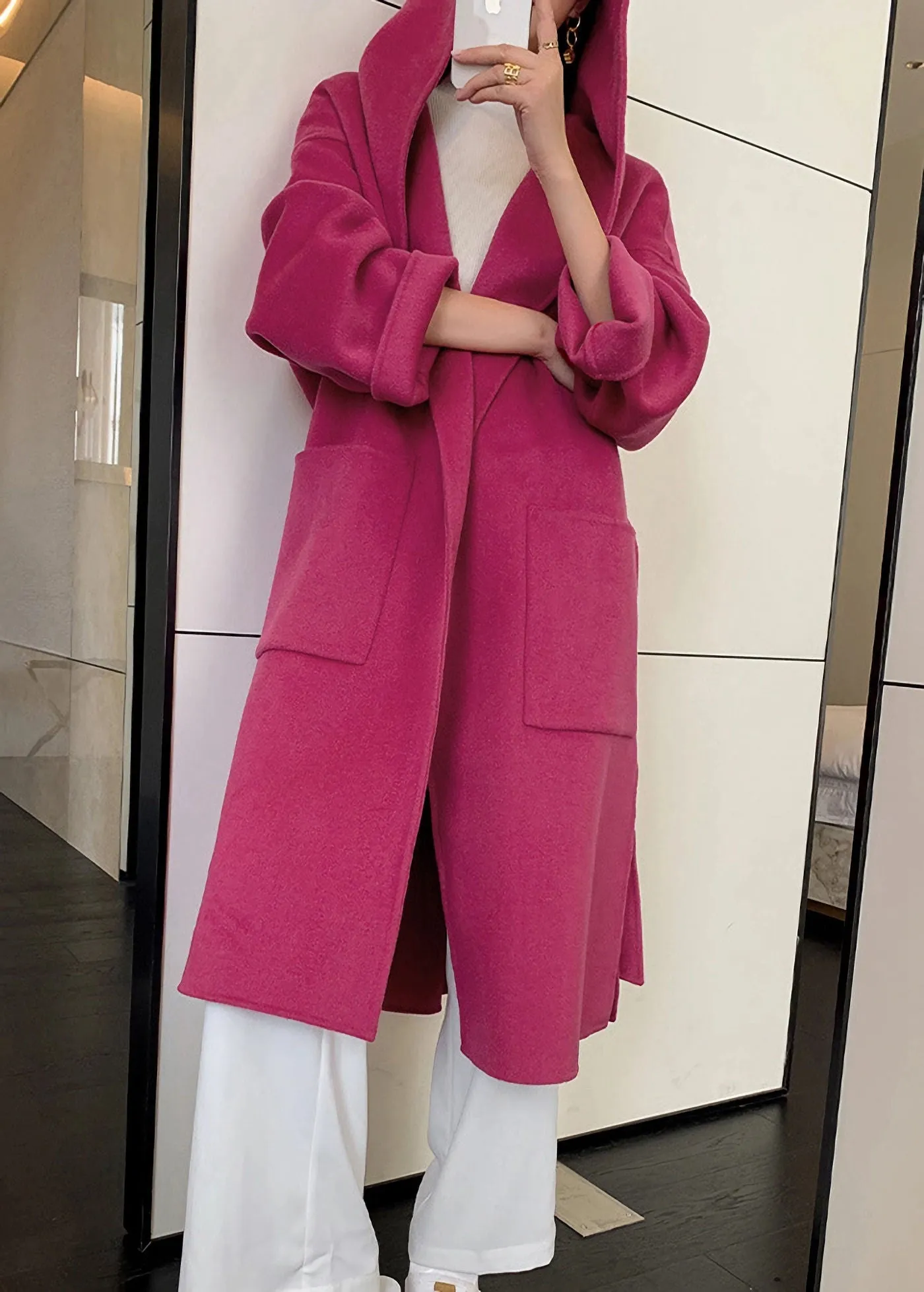 Hooded Double Face Pure Wool Belted Wrap Long Coat