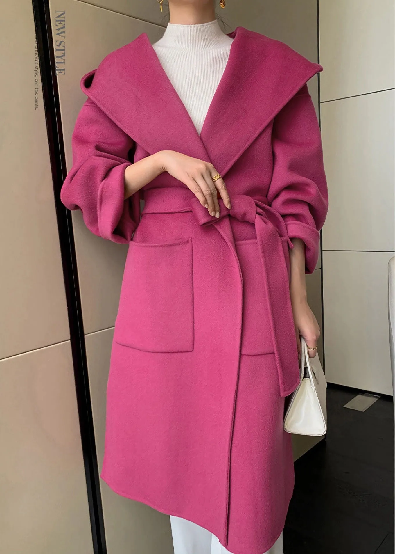 Hooded Double Face Pure Wool Belted Wrap Long Coat