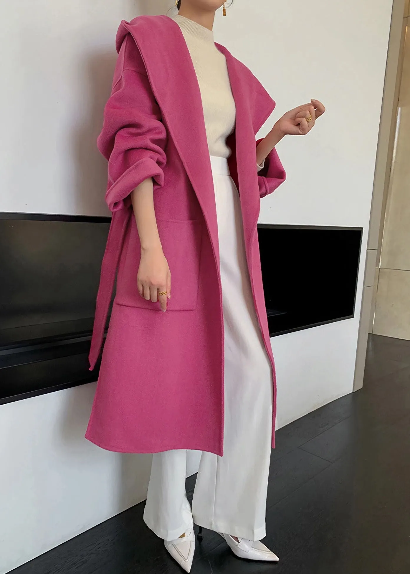 Hooded Double Face Pure Wool Belted Wrap Long Coat