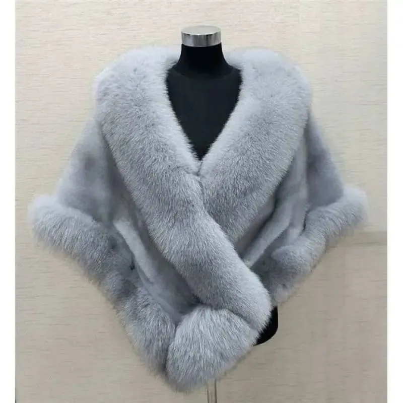 Luxurious Gray Faux Fur Poncho Shawl for Evening Wear