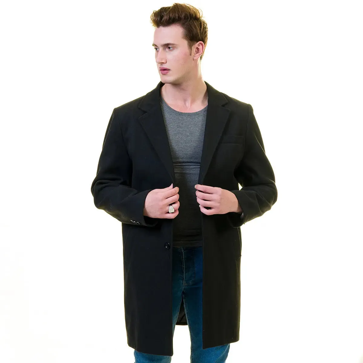 Luxury European Tailored Black Wool Hooded Overcoat for Men