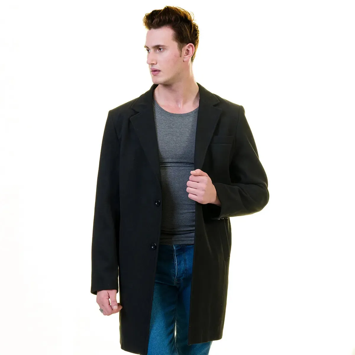 Luxury European Tailored Black Wool Hooded Overcoat for Men