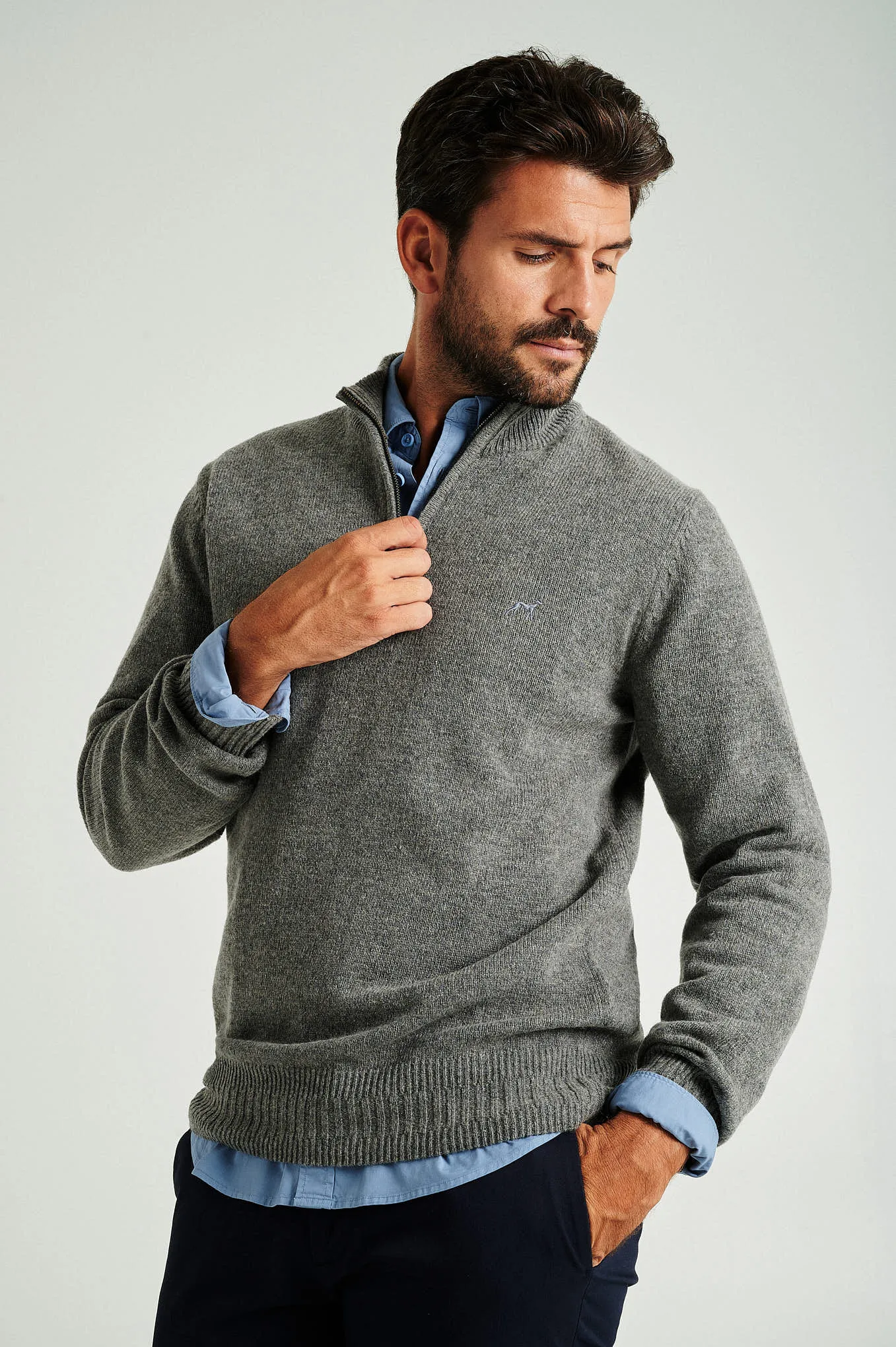 Men's machine washable high zip collar sweater