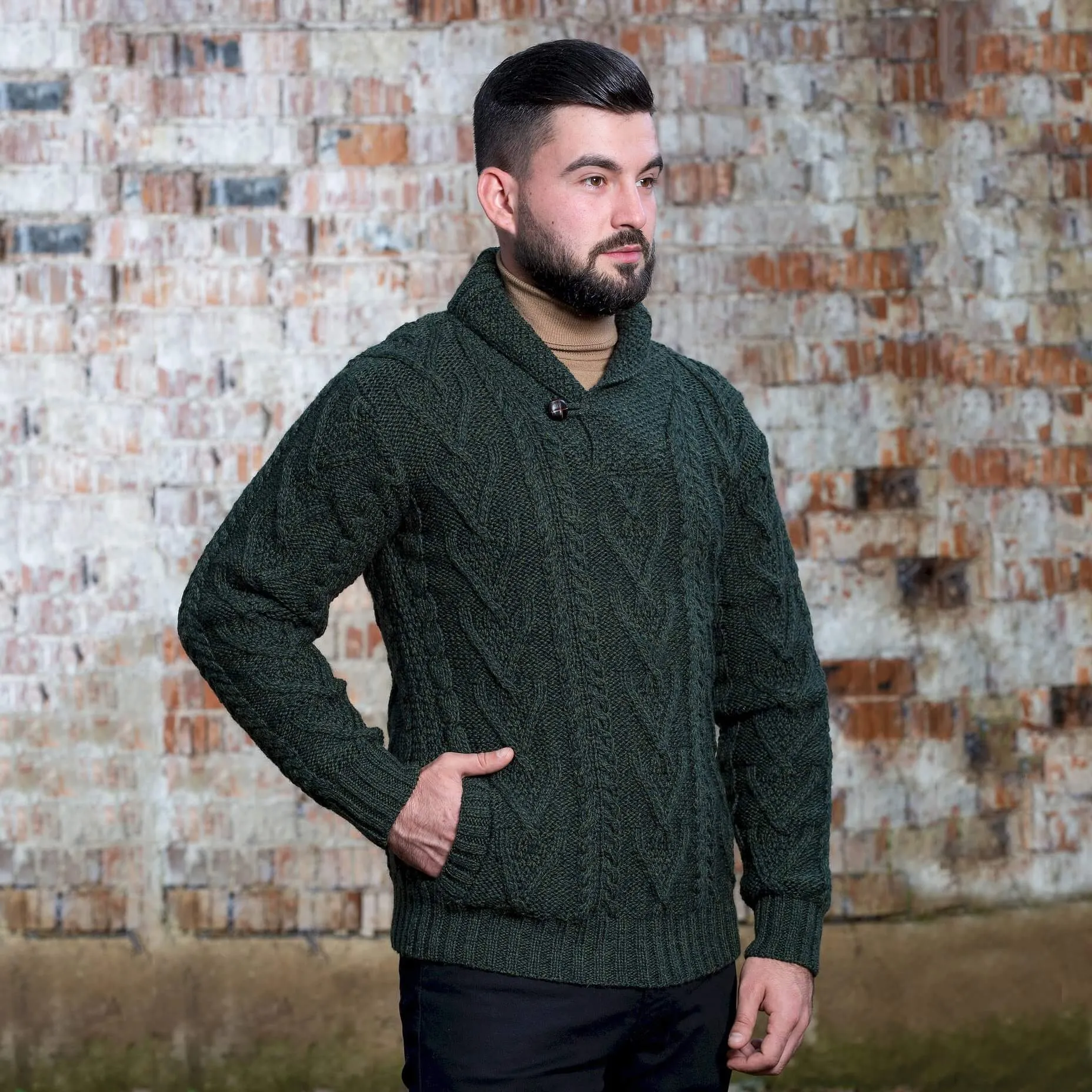 Merino Wool Shawl Neck Button Irish Sweater for Men