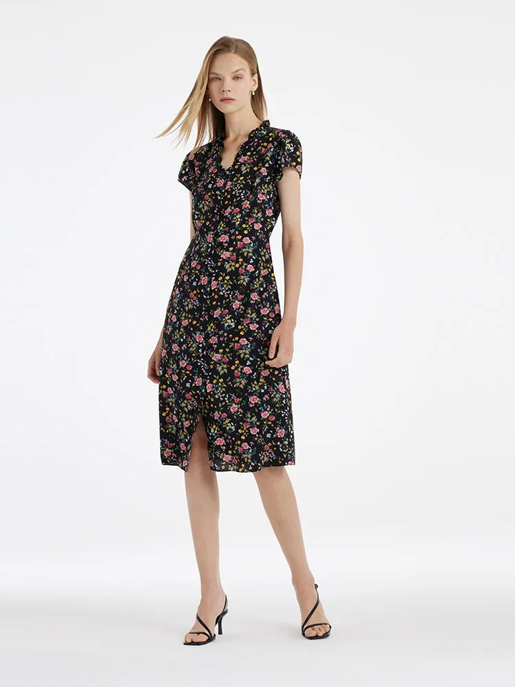 Mulberry Silk Ruffle Collar V-Neck Women Midi Dress