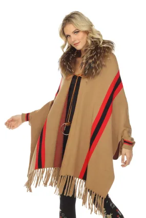 OO LA LA Camel Sport Stripe Fox Collar Cape Boho Chic M5100