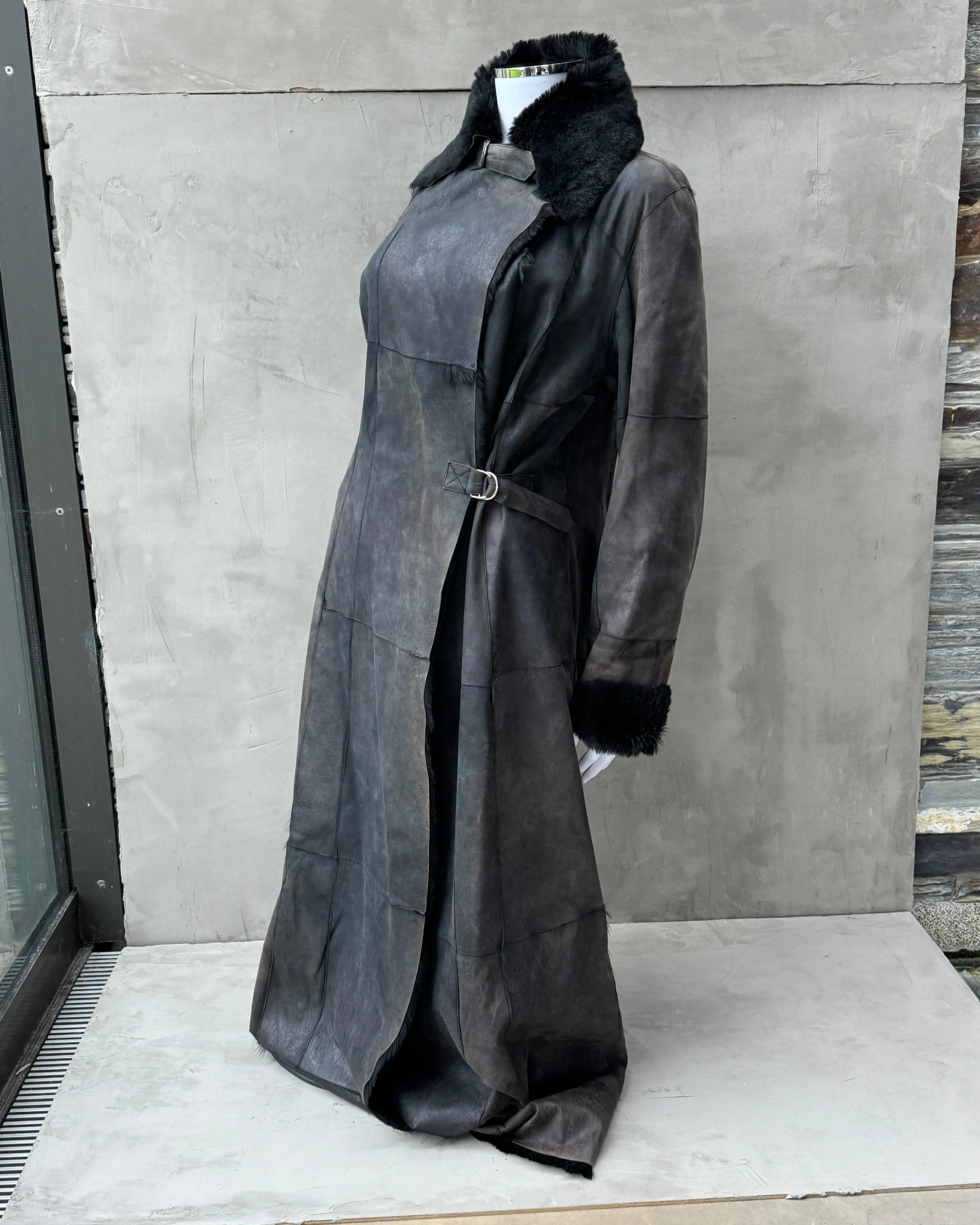 PLEIN SUD LEATHER & FUR FLOOR LENGTH BUCKLE COAT - M