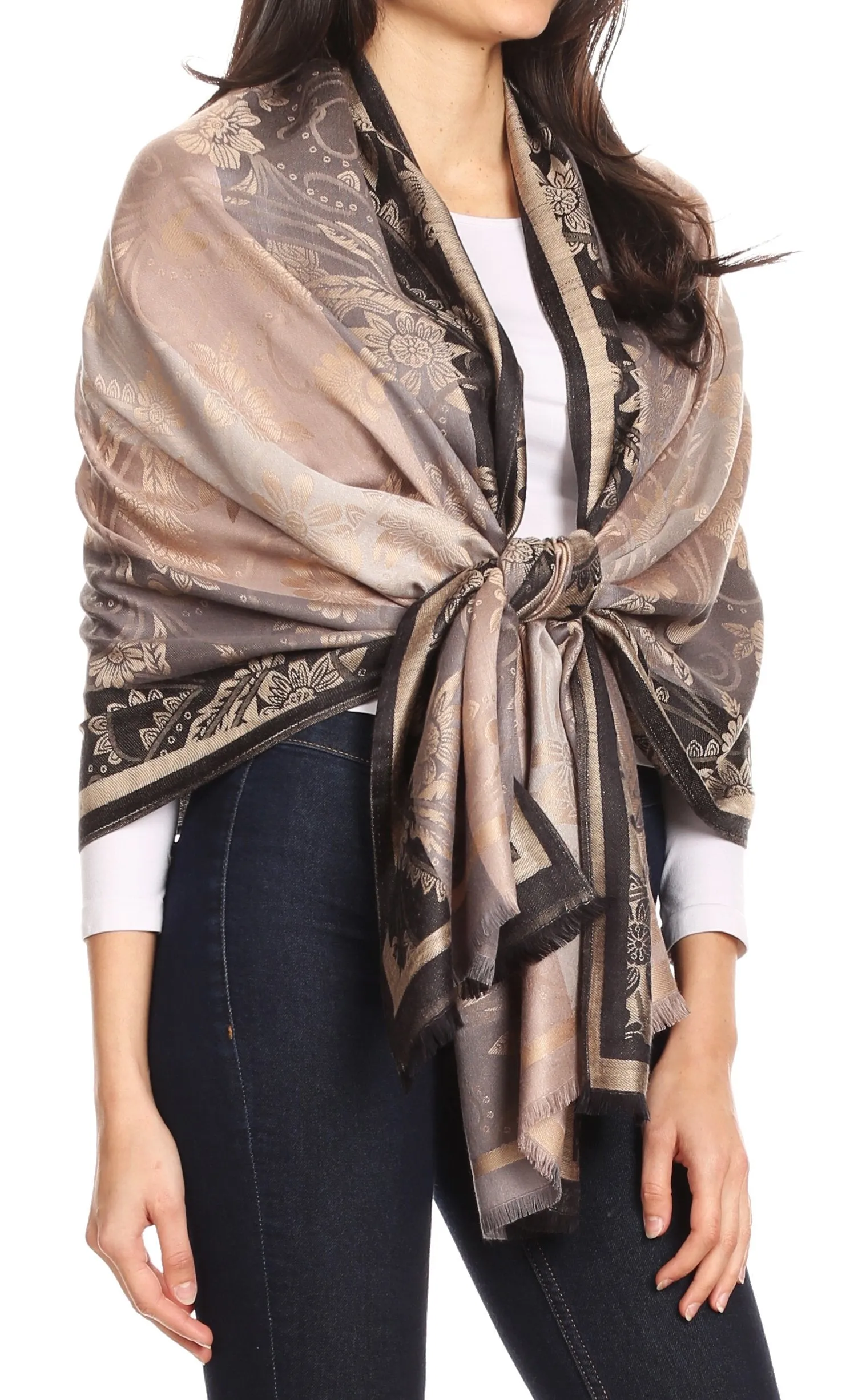 Sakkas Serina Women's Silky Soft Reversible Floral Woven Pashmina Scarf Shawl Wrap