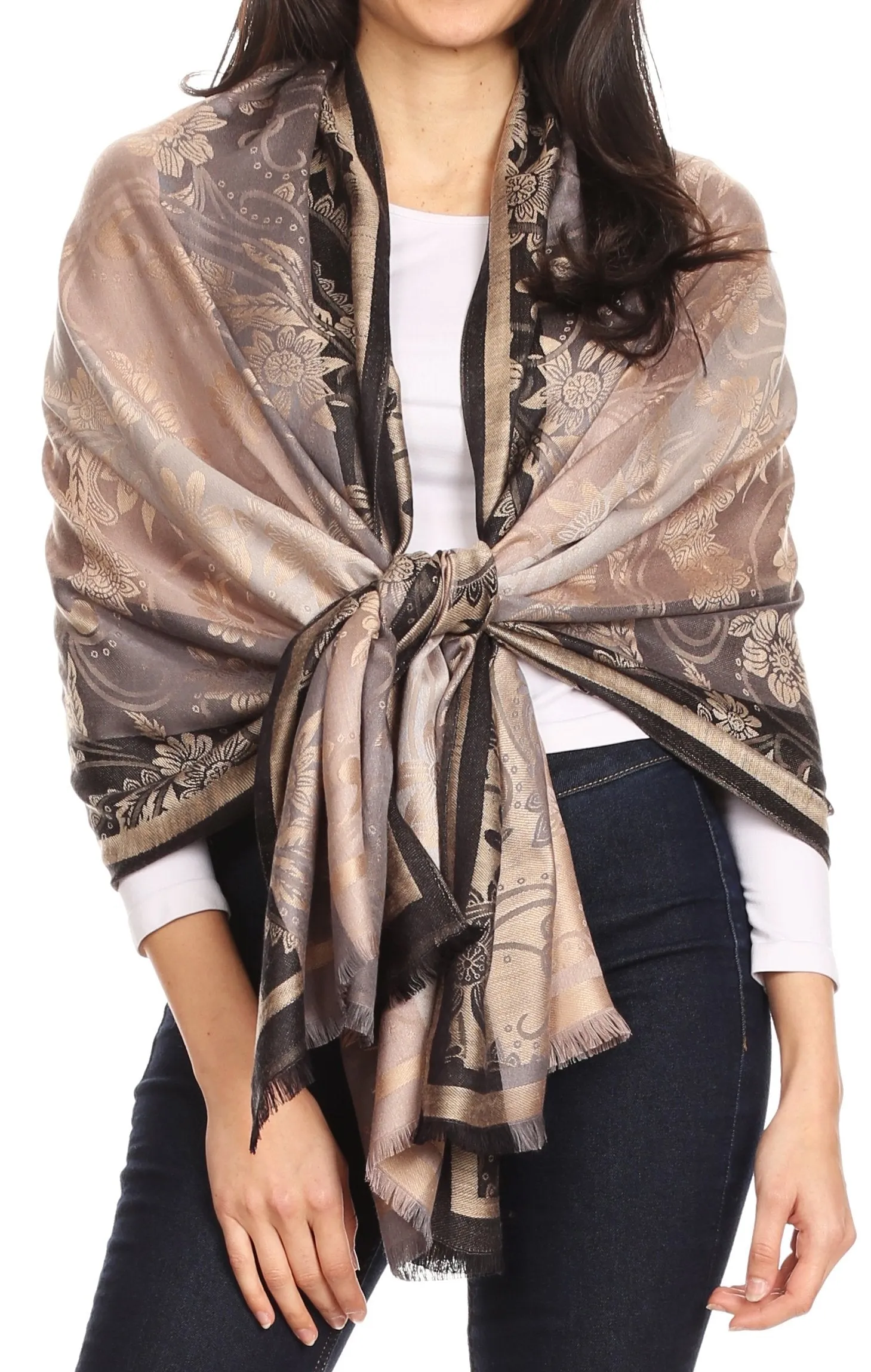 Sakkas Serina Women's Silky Soft Reversible Floral Woven Pashmina Scarf Shawl Wrap