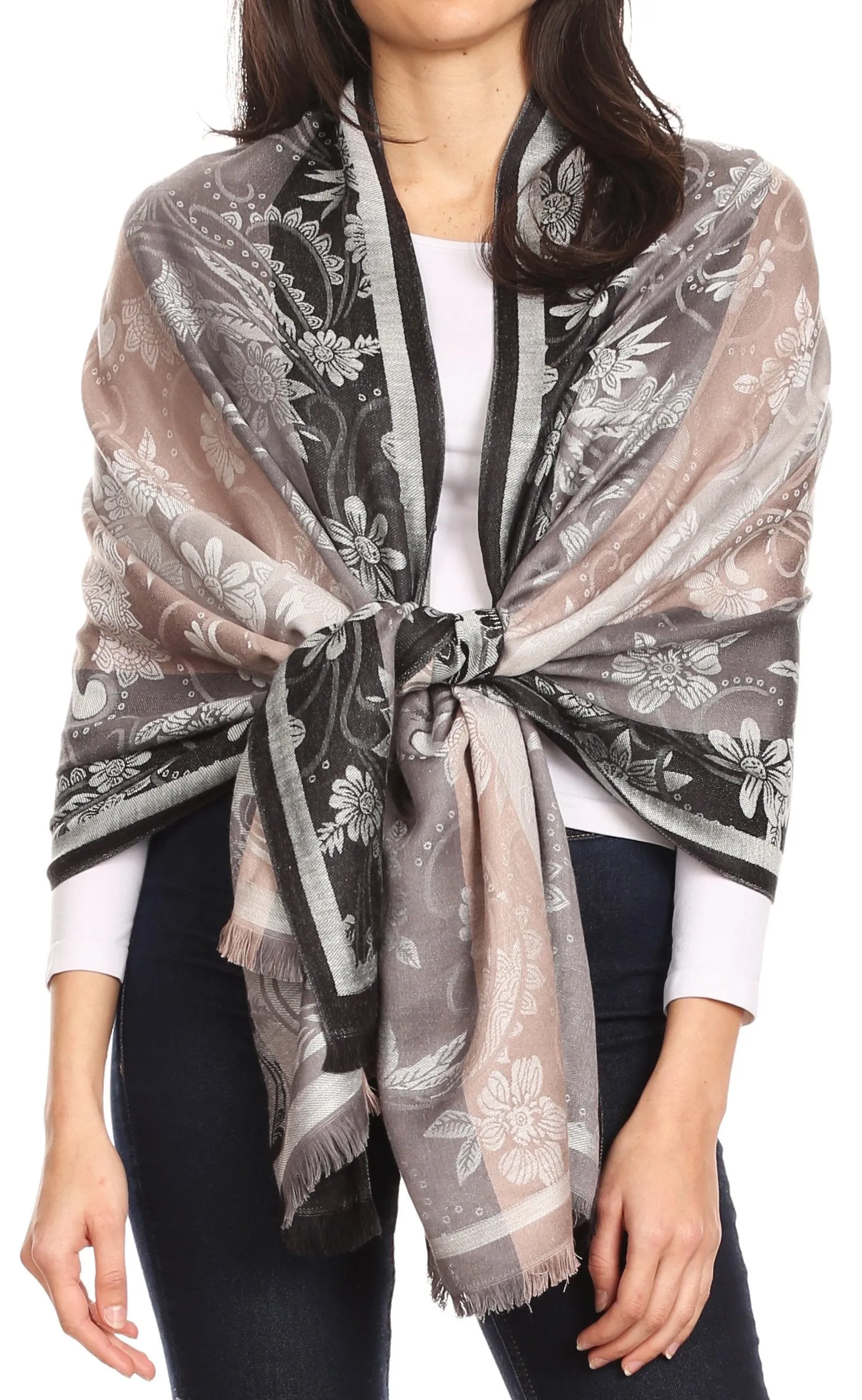 Sakkas Serina Women's Silky Soft Reversible Floral Woven Pashmina Scarf Shawl Wrap