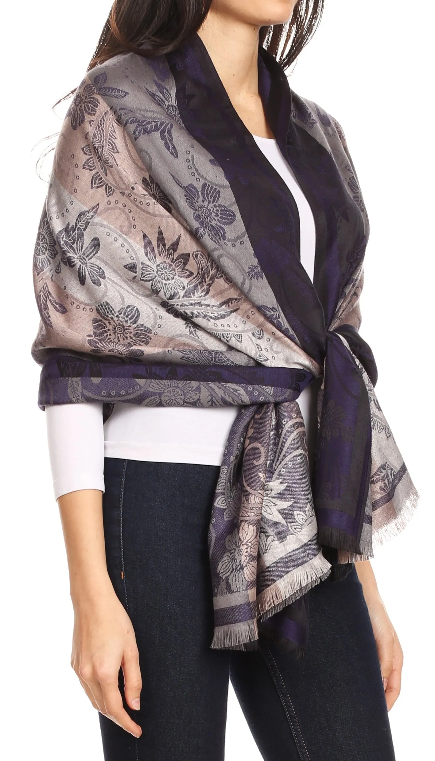 Sakkas Serina Women's Silky Soft Reversible Floral Woven Pashmina Scarf Shawl Wrap