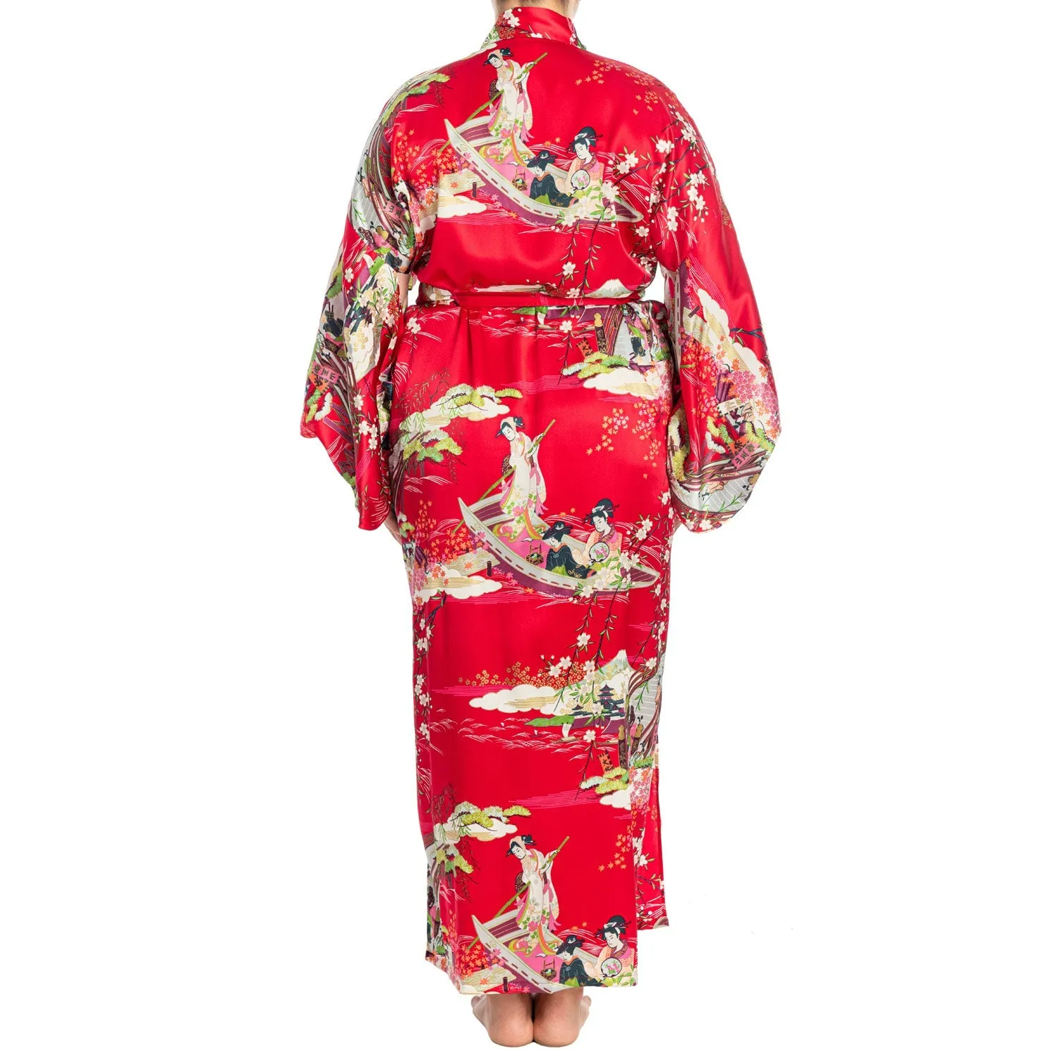 Silk Ukiyoe Print Long Red Japanese Kimono XL