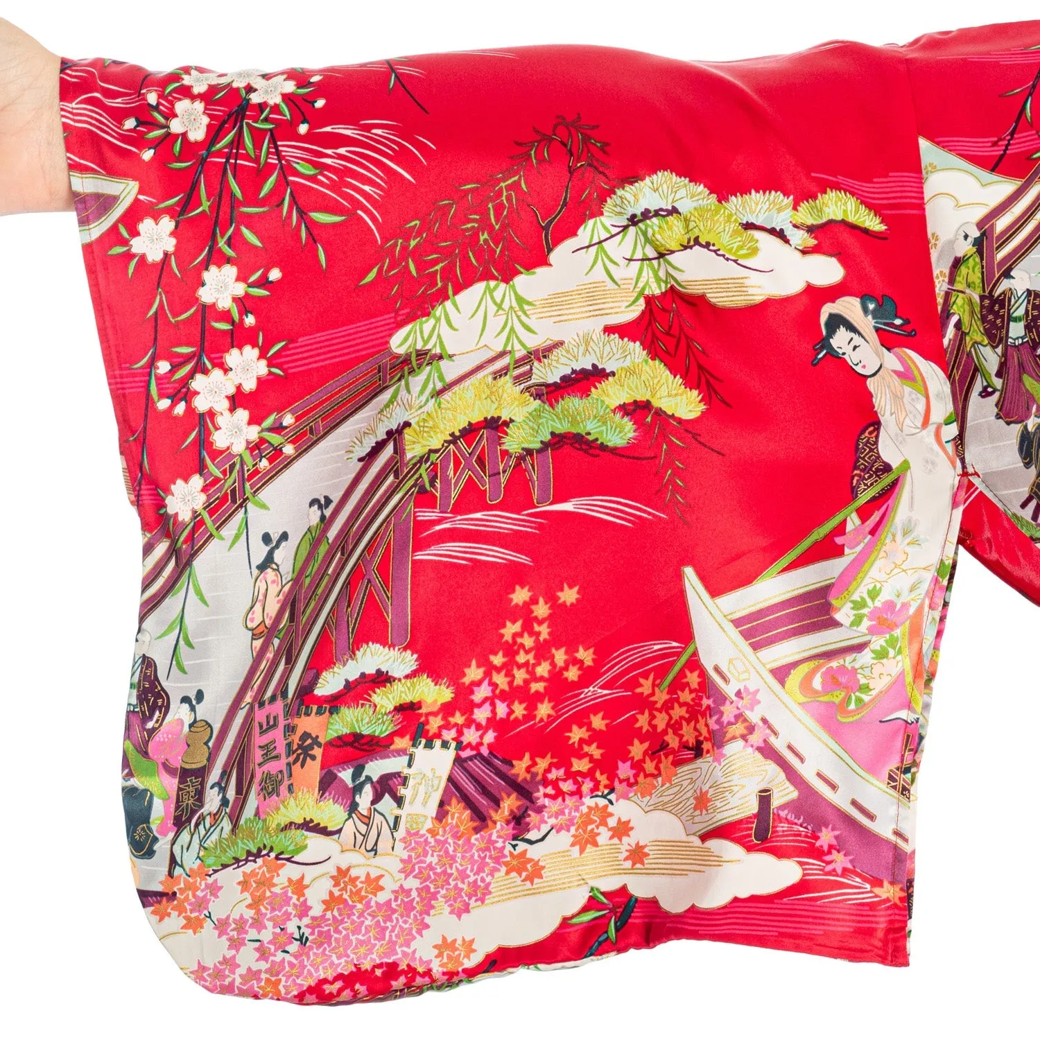 Silk Ukiyoe Print Long Red Japanese Kimono XL