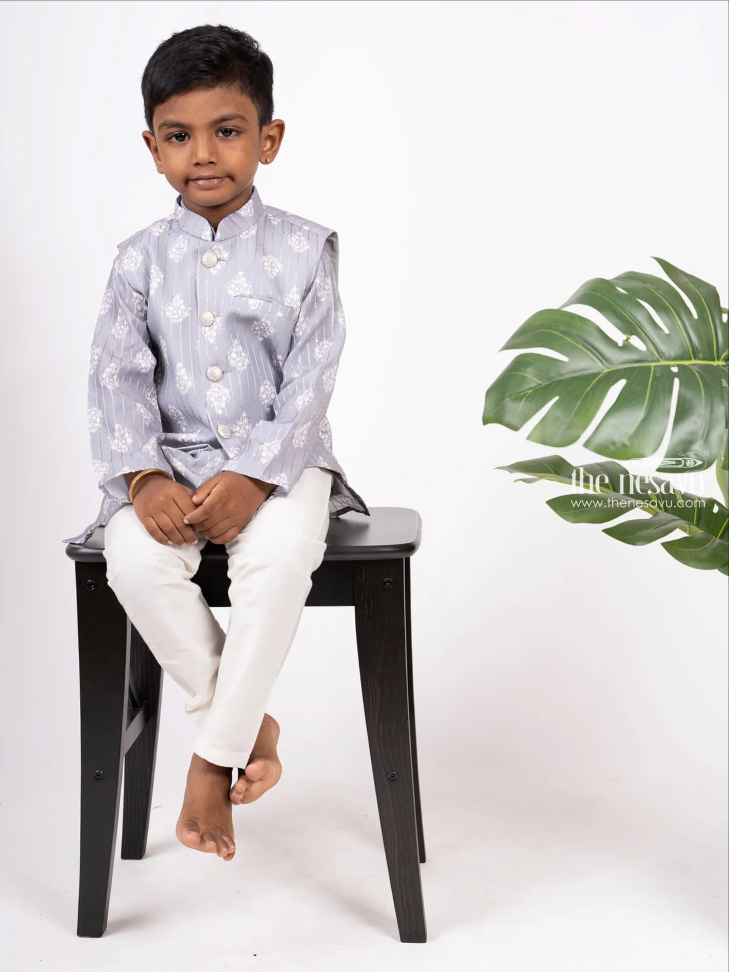 Silver Grey Printed Cotton Kurta Attached Overcoat Wear For Boys