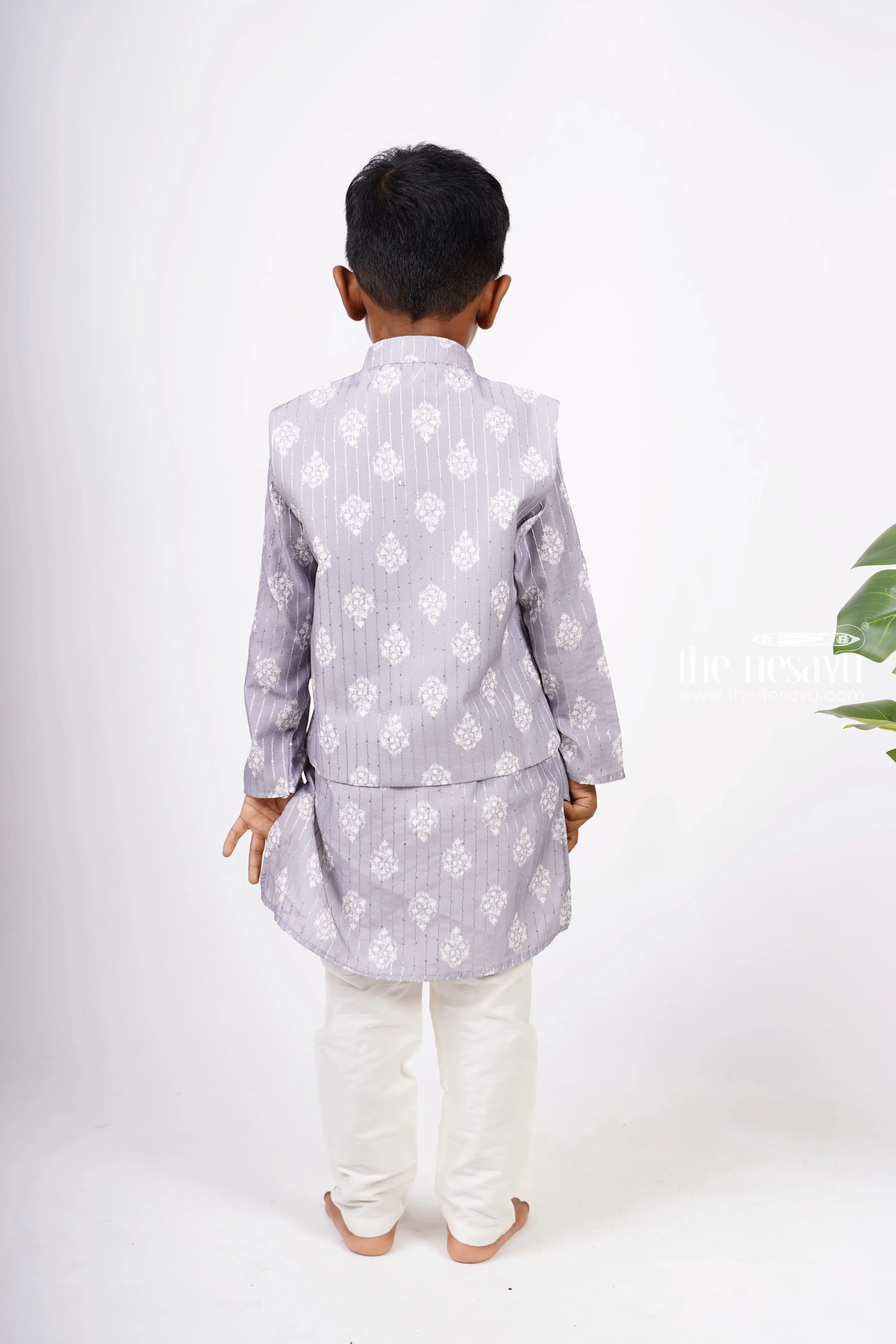 Silver Grey Printed Cotton Kurta Attached Overcoat Wear For Boys