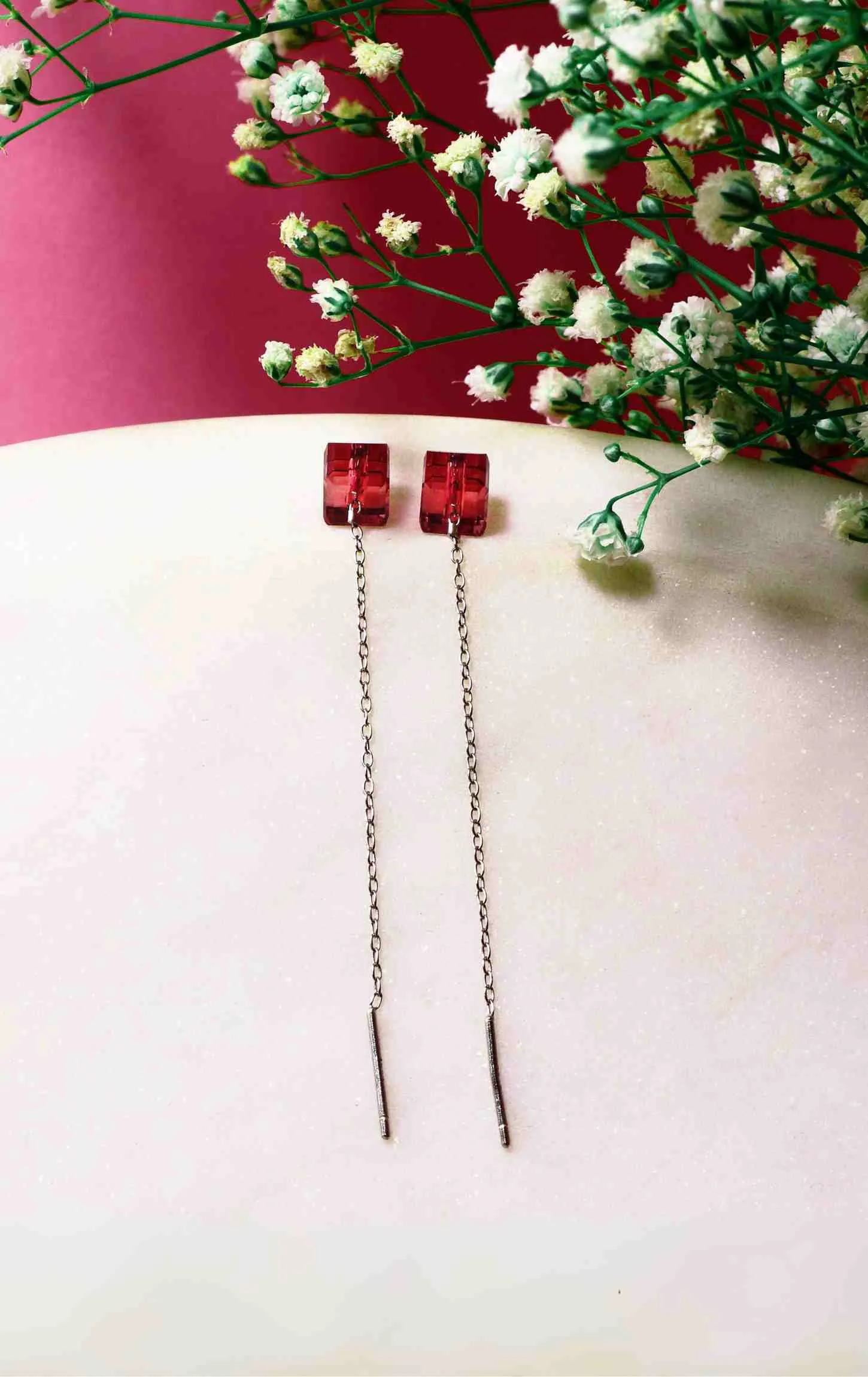 Silver Sui-Dhanga Styled Red Wine Stone Earring