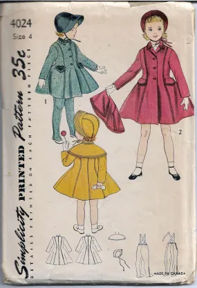 Simplicity 4024 Little Girls Princess Coat Leggings Bonnet Vintage Sewing Pattern 1950s