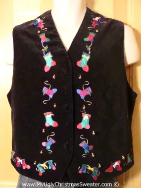 Tacky Christmas Sweater Party Ugly Velvety Vest with Strings of Stockings  (f837)