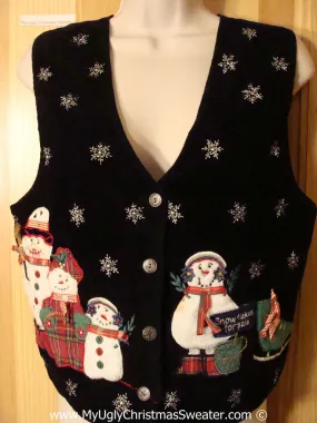 Tacky Christmas Sweater Party Ugly Vevelty Vest with Snowman Family "Snowflakes For Sale"  (f914)