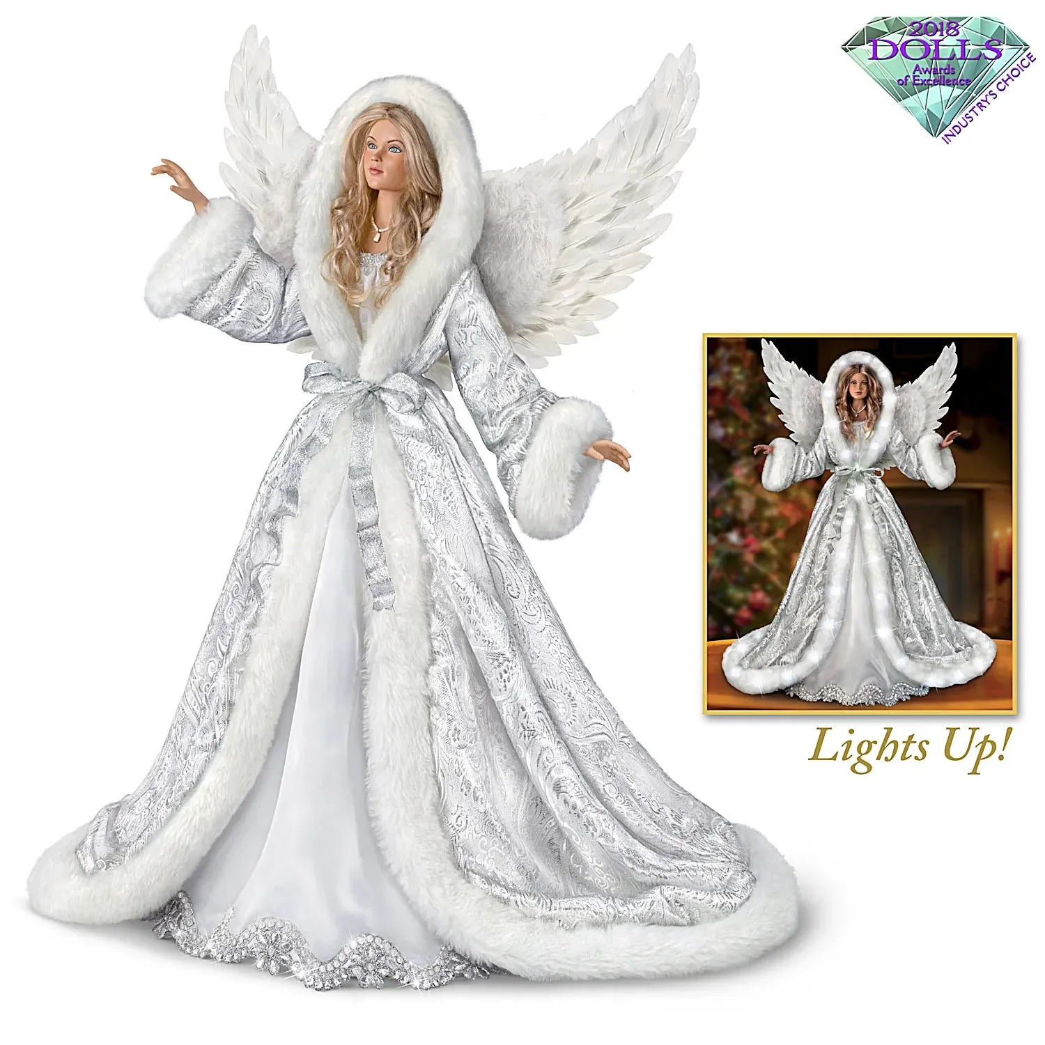 The Ashton - Drake Galleries Illuminated Silent Night Christmas Angel Decor Poseable Musical Porcelain Doll with Faux Fur Coat Lined with More Than 40 LED Lights Plays the Silent Night Melody 24"-inches