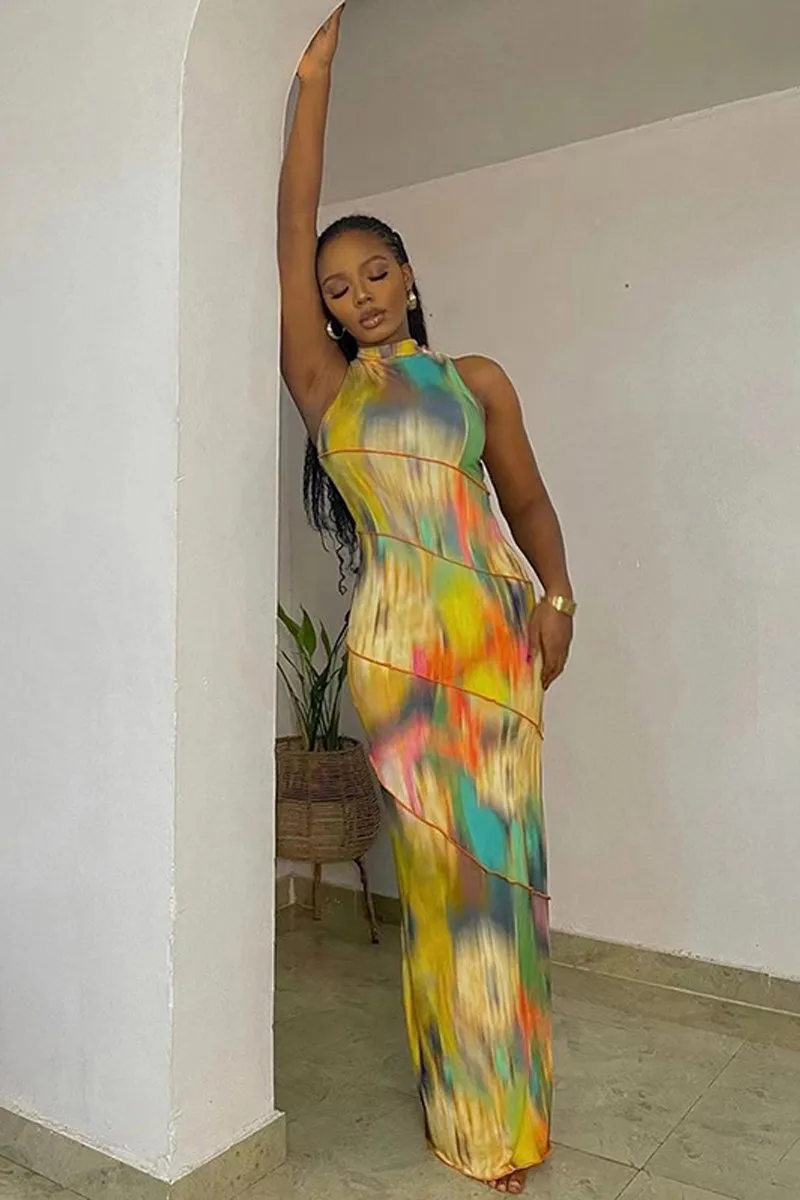 Tie Dye Sleeveless Bodycon Maxi Dress