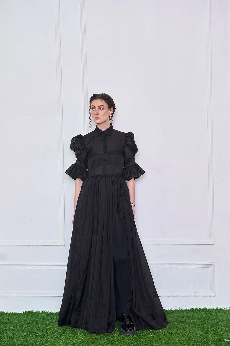 Unforgotten tales of Organza Black Maxi Shirt Dress