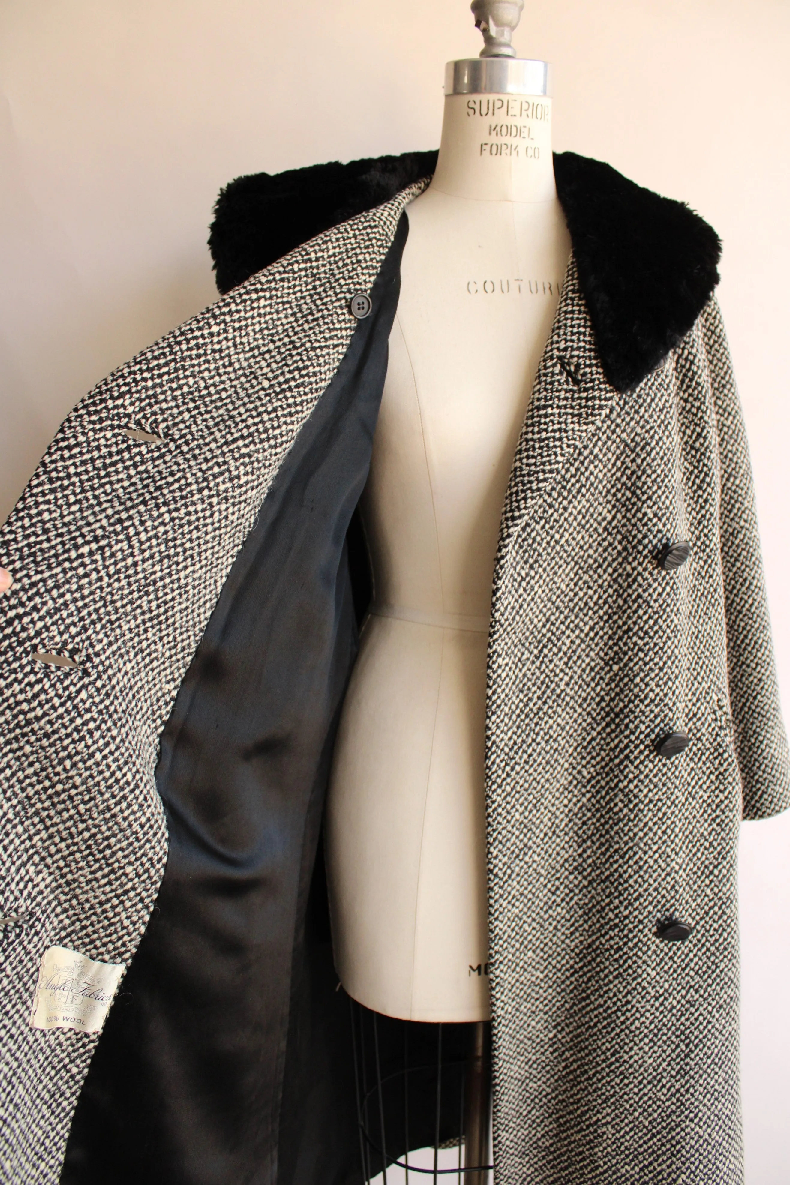 Vintage 1950s Bergdorf Goodman Black and White Tweed Wool Overcoat With Faux Fur Collar