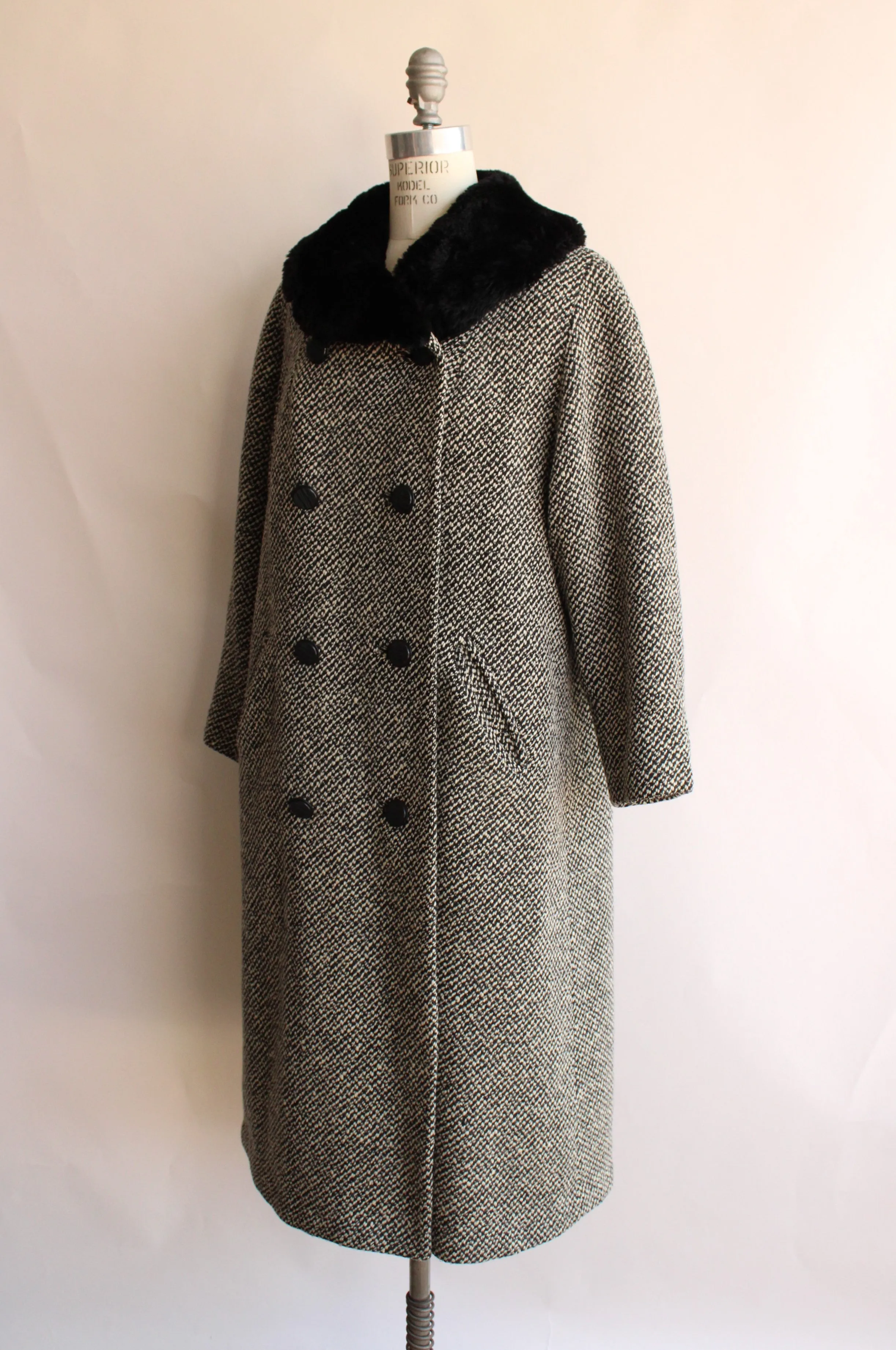 Vintage 1950s Bergdorf Goodman Black and White Tweed Wool Overcoat With Faux Fur Collar