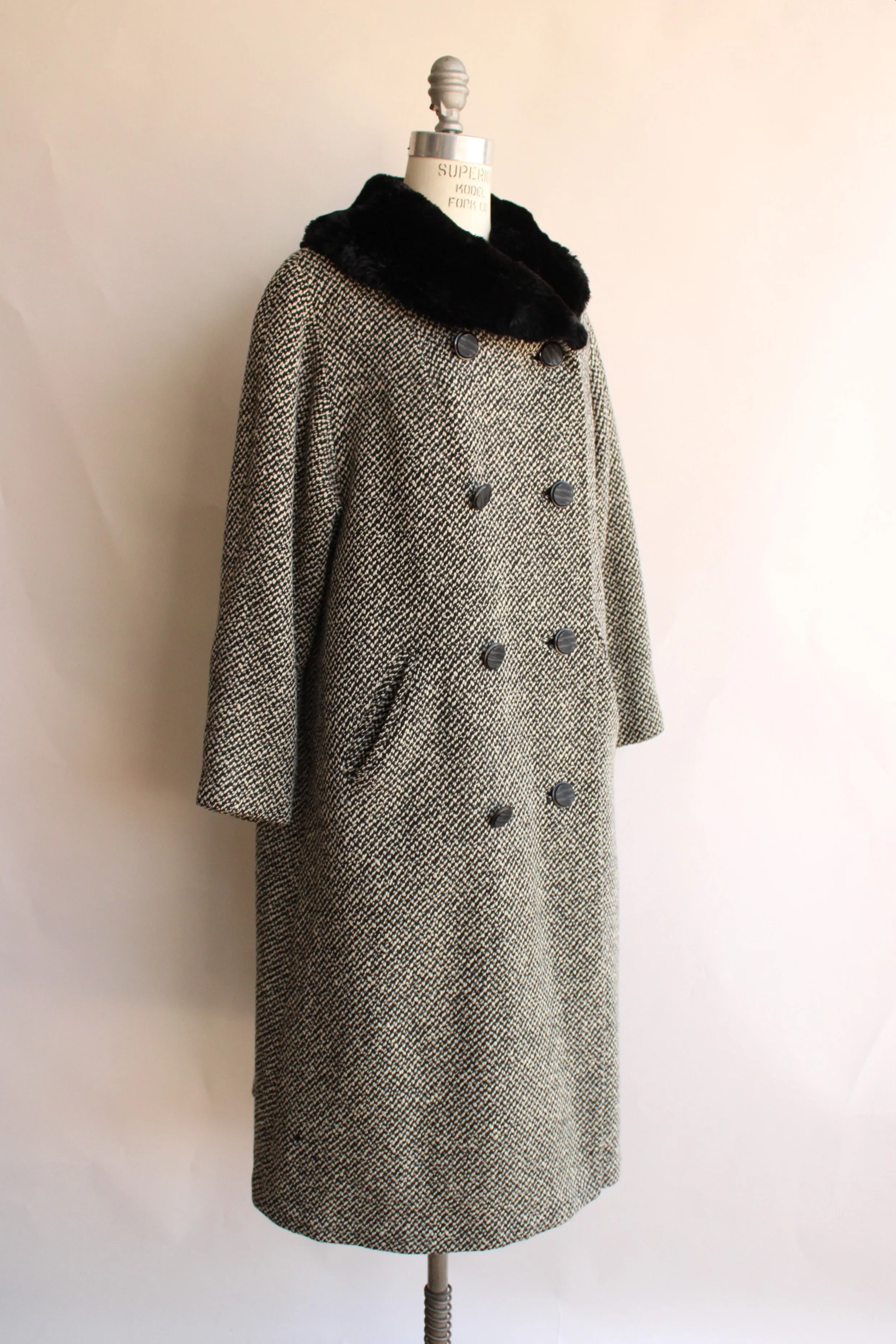 Vintage 1950s Bergdorf Goodman Black and White Tweed Wool Overcoat With Faux Fur Collar