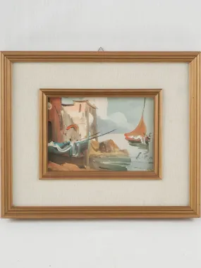 Vintage French painting with sailboats by a coastal village 12¼" x 14½"