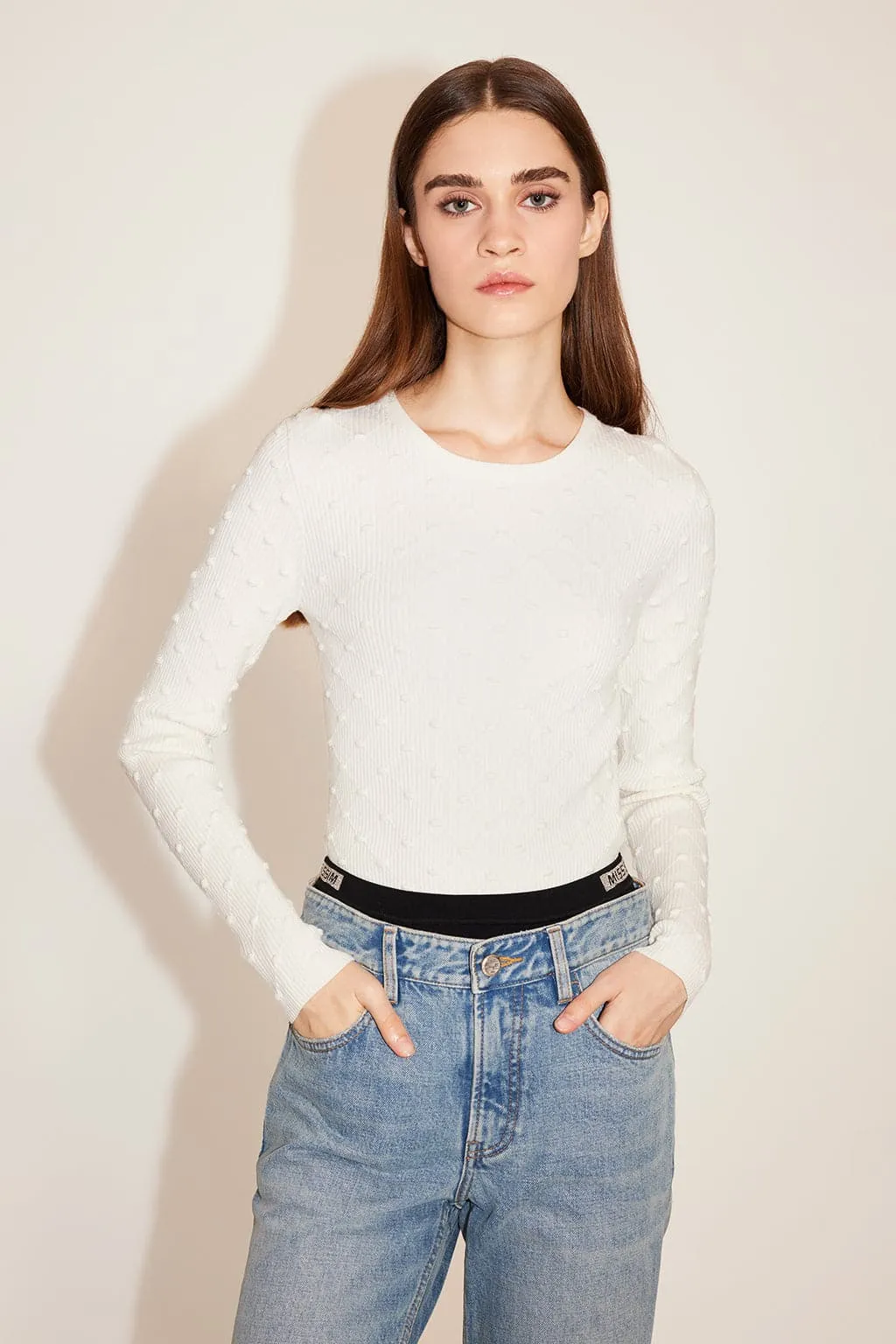 White Check Pattern Jacquard Round Neck Wool Sweater