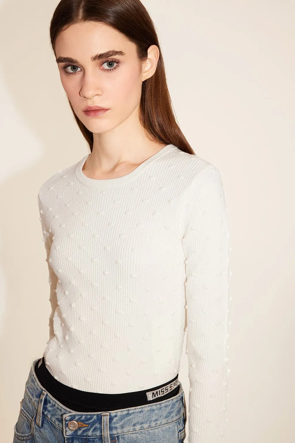 White Check Pattern Jacquard Round Neck Wool Sweater