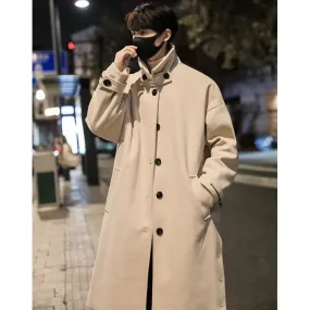 Wiaofellas  -  Men's Stand Collar Woolen Trench Coat Men Side Buttons Casual Loose Korean Style High-end Winter Thick Elegant Fashion Overcoat